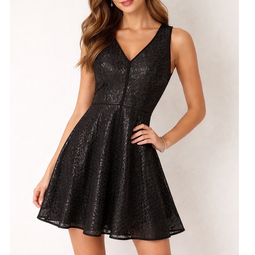 Leon Max Limited Edition Black Silver Metallic Polka Dot Fit‎ Flare Dress XS